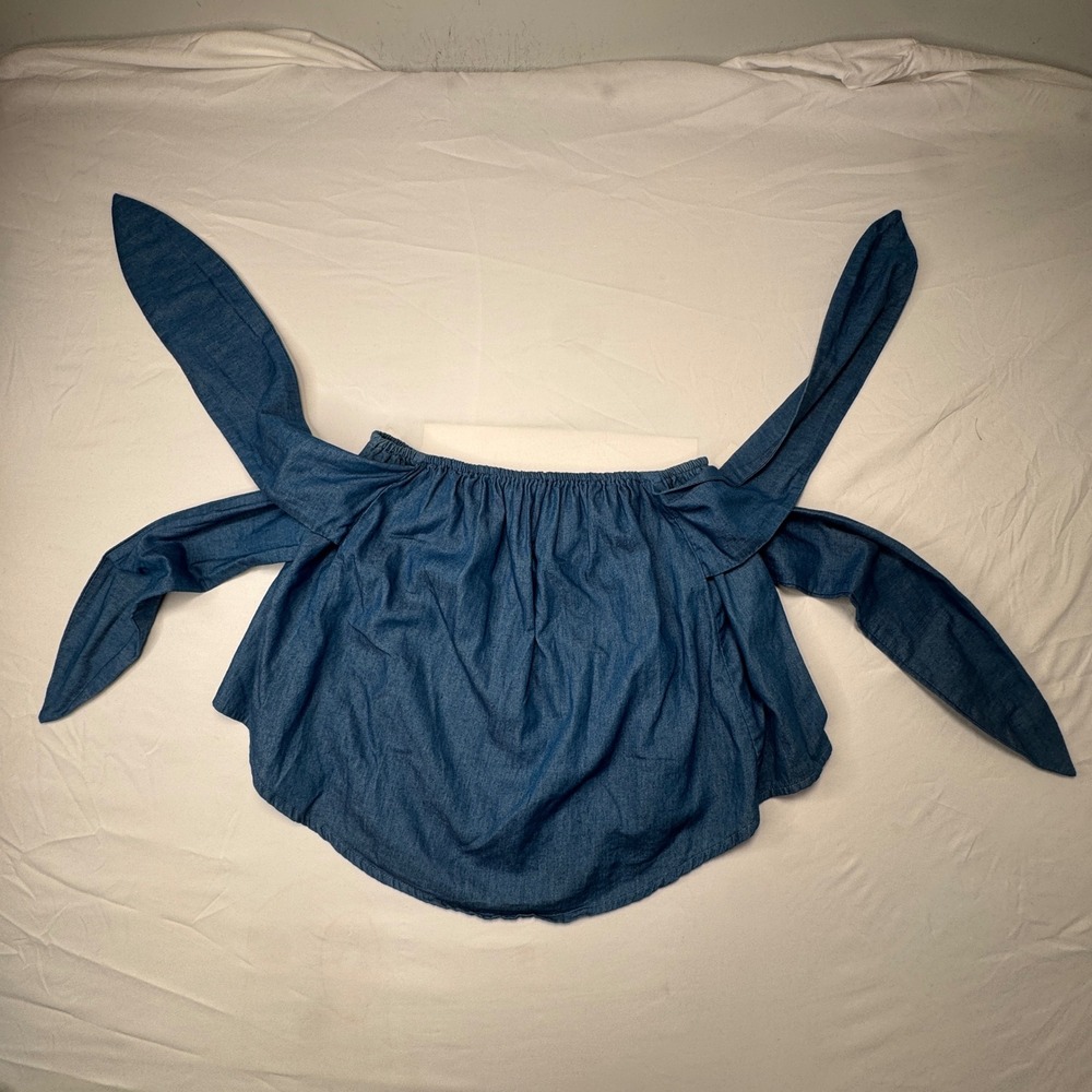 Gab Kate Crop Top Off Shoulder Tie Strap Womens Small Blue Chambray